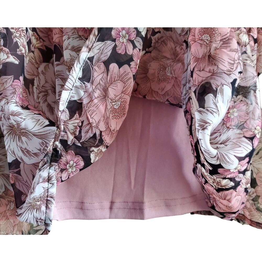 AAKAA Women's S Babydoll Dress Pink Plum Floral Chiffon Balloon Sleeves Ruffles - Picture 5 of 8